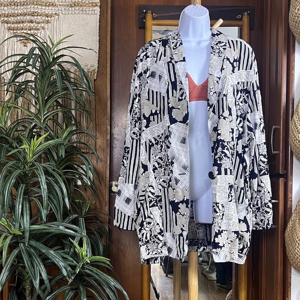 Vintage Rayon Patchwork Blazer Womens 3X Navy Floral Stripe Art Oversized Jacket